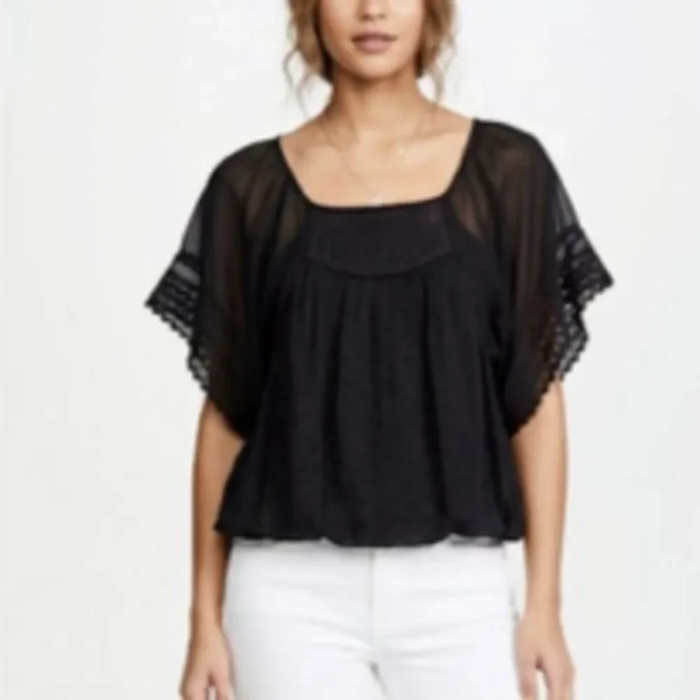 Free People Black Sheer Embroidered Lacy Short Batwing Sleeve Top Size S